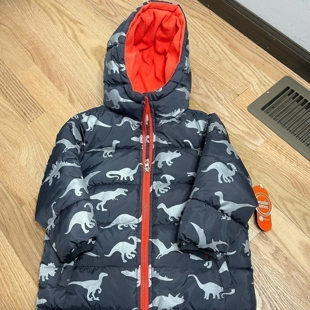 Wonder Nation Dinosaur Puffer Jacket NWT 3T Gray Orange Fleece Lined Kids